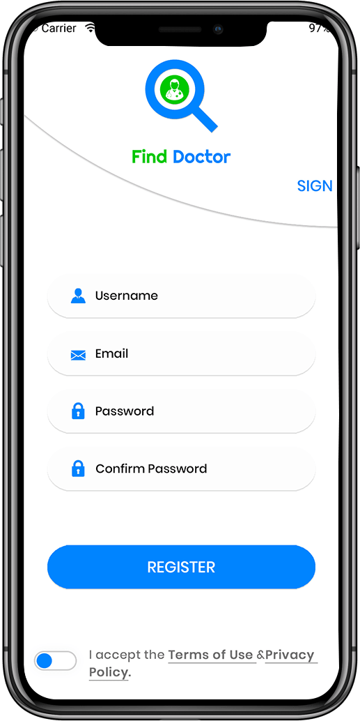 Practo clone User authentication feature screen mockup