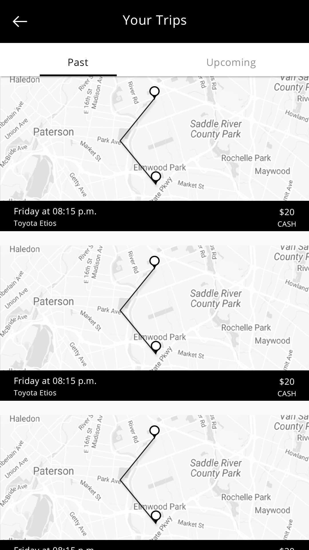 Solu (ride sharing app) All Trips screen