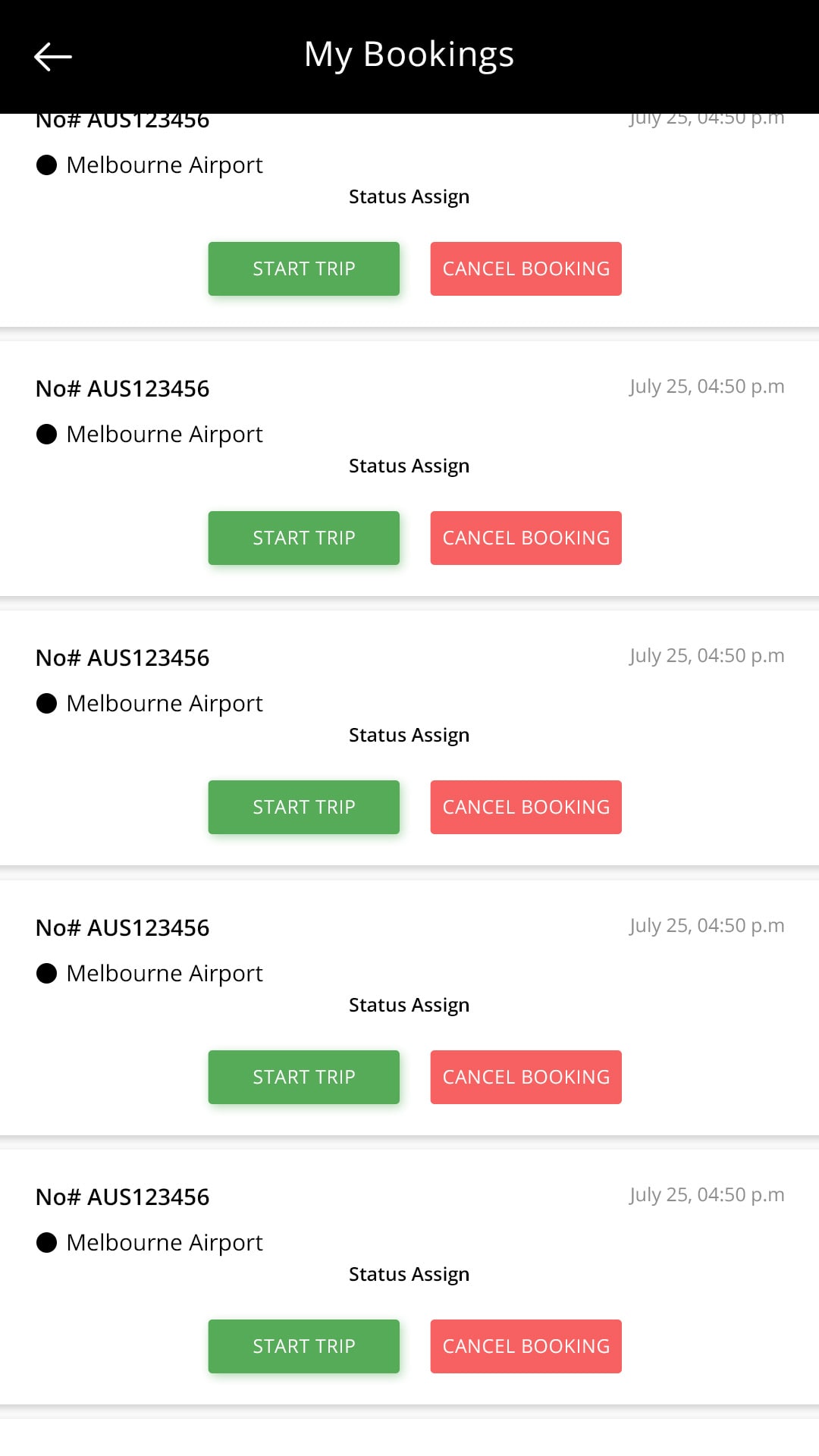 Solu (ride sharing app) My Bookings screen