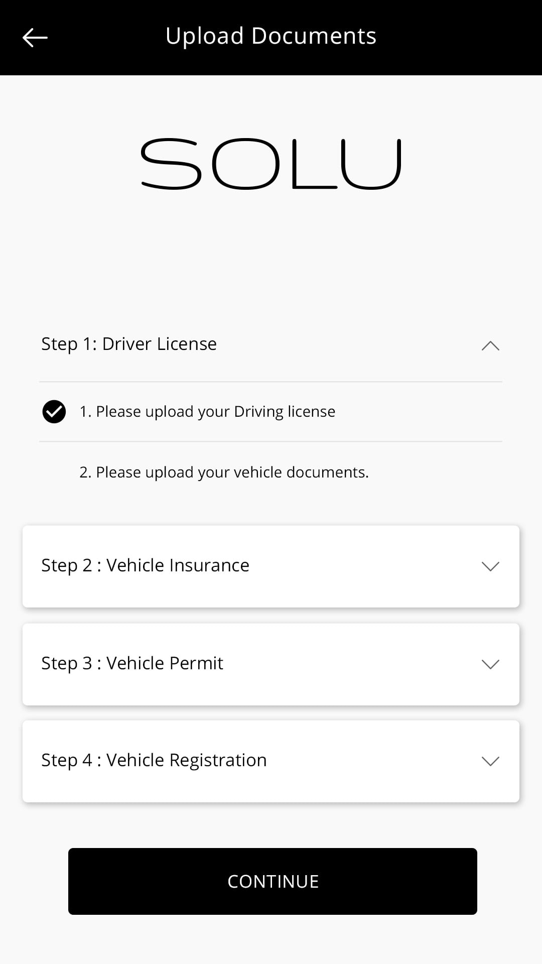 Solu (ride sharing app) Upload Document screen