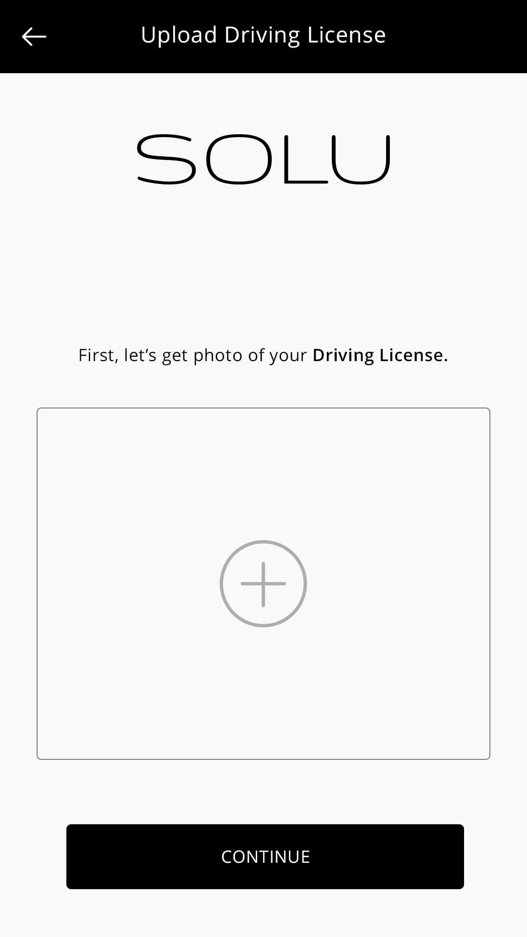 Solu (ride sharing app) Upload Driving Licence screen