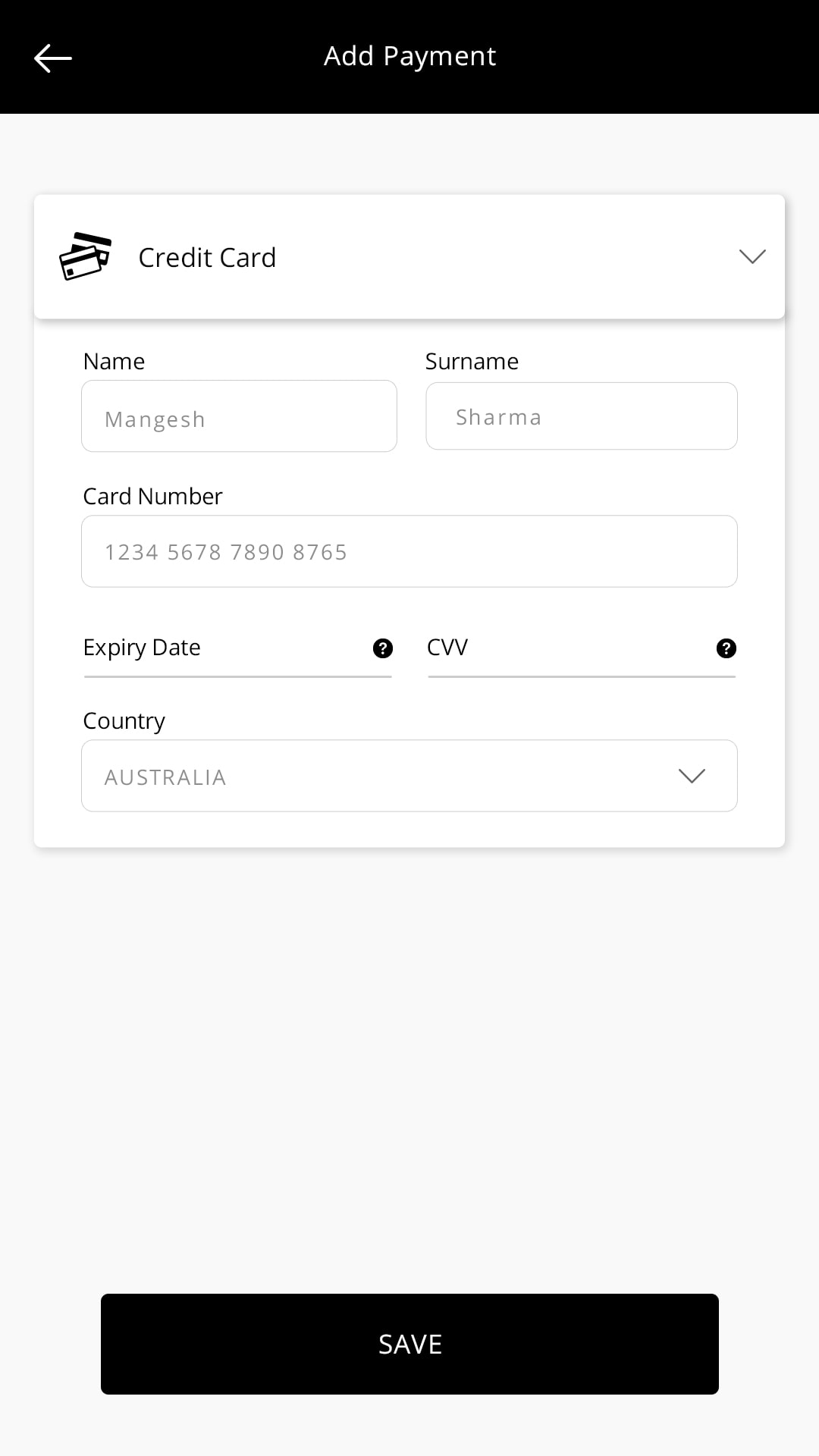 X Solu (ride sharing app) Add Payment screen