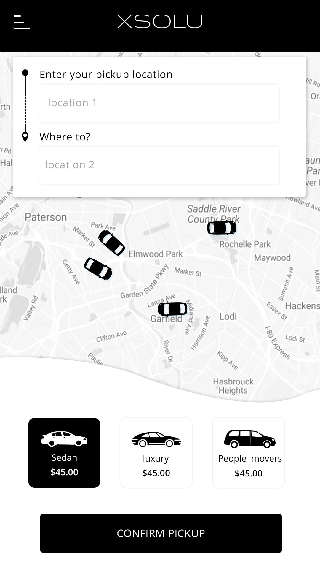 X Solu (ride sharing app) Search screen